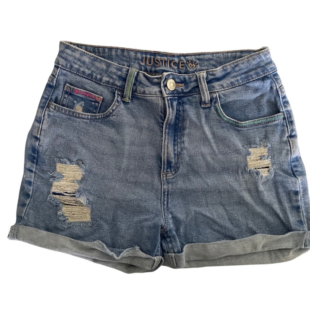 Justice Girls Denim Shorts Size 16 Medium Wash Distressed Cuffed Rainbow Stitch